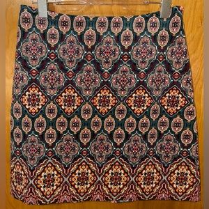 LOFT teal/maroon paisley print corduroy knit a-line skirt Size 6 side zipper